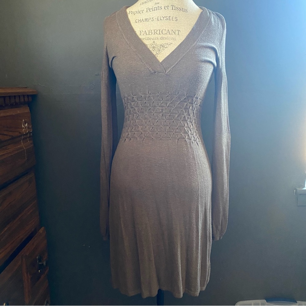 The Limited heather brown deep v-neck sweater dress with balloon sleeves (DR4)
